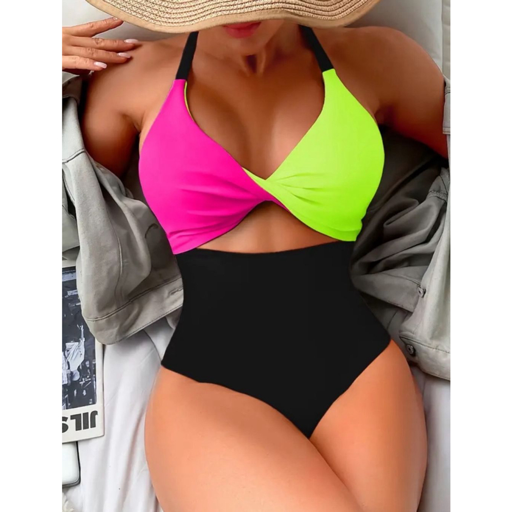 👙 🌊 Colorblock High-Waist One-Piece Swimsuit - Pink & Lime